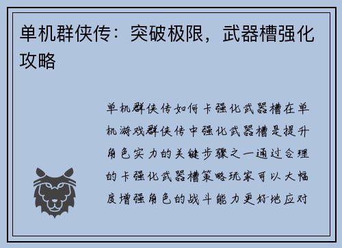 单机群侠传：突破极限，武器槽强化攻略